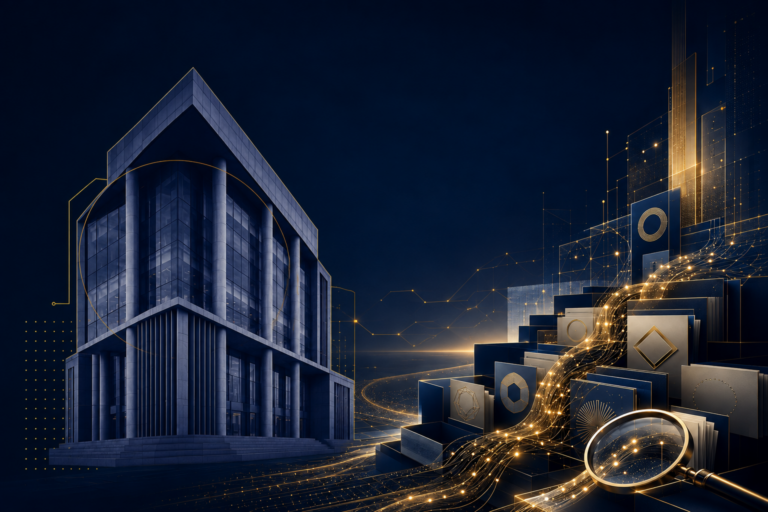 Modern European institutional building beside abstract trademark-search records and a magnifying glass