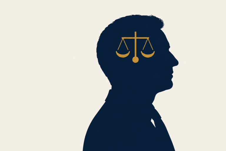 Navy profile silhouette with gold scales of justice symbol representing balanced legal judgment